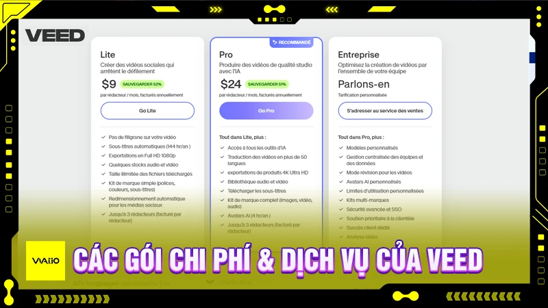 Các gói chi phí & dịch vụ của VEED