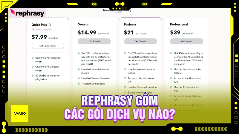 Rephrasy gồm các gói dịch vụ nào?