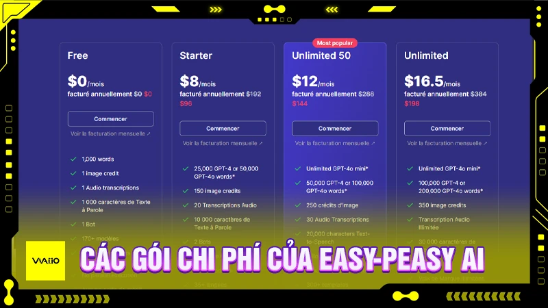 Các gói chi phí của Easy-Peasy AI