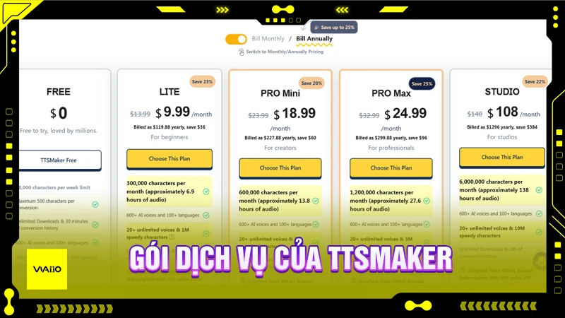 Gói chi phí & dịch vụ của TTSMaker