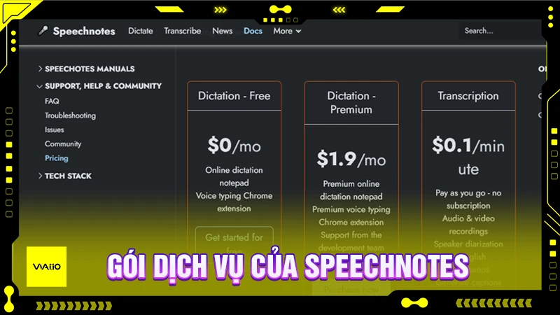 Các gói dịch vụ của Speechnotes AI