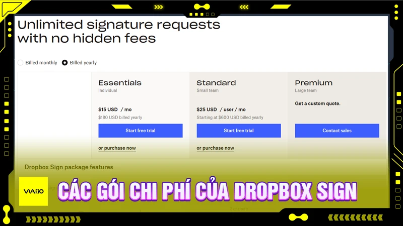 Các gói chi phí của Dropbox Sign